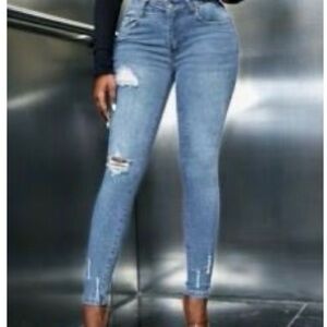 SHEIN Blue Skinny Jeans with Distressed Knee